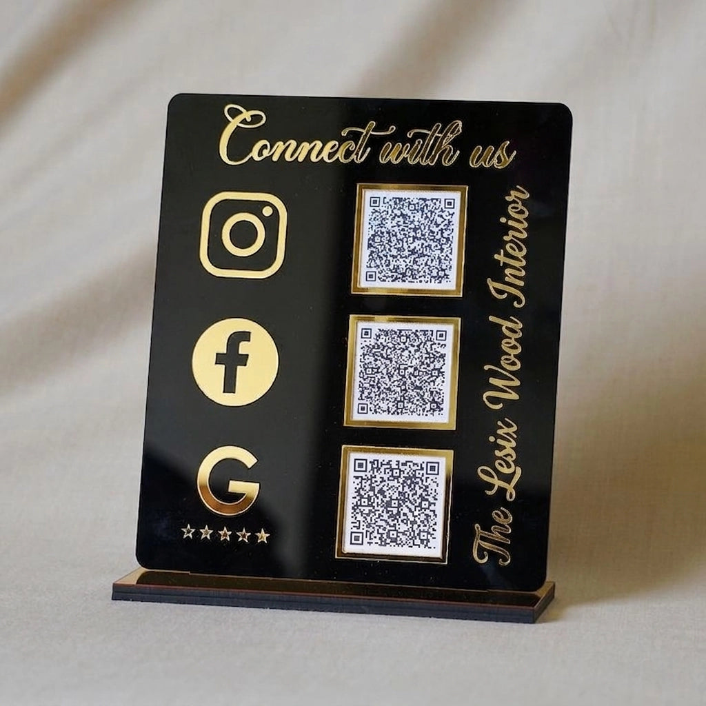 Black Custom QR Code Stand — Social Media & Google Review Acrylic Sign — Unique Wooden Gift | Woodwaley