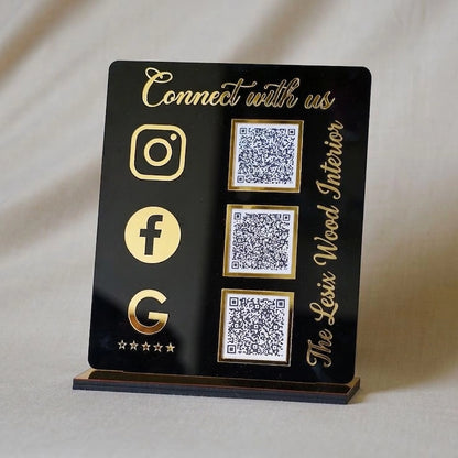 Black Custom QR Code Stand — Social Media & Google Review Acrylic Sign — Unique Wooden Gift | Woodwaley