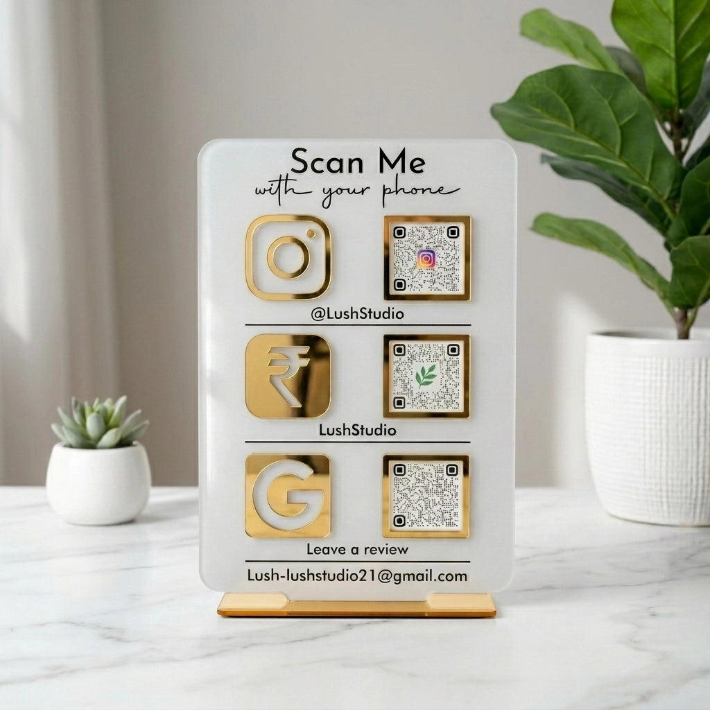 Triple QR Code Business Sign — Custom Acrylic Display Stand — Unique Wooden Gift | Woodwaley