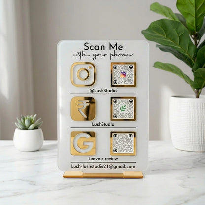 Triple QR Code Business Sign — Custom Acrylic Display Stand — Unique Wooden Gift | Woodwaley