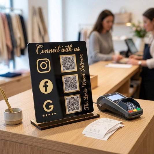 Black Custom QR Code Stand — Social Media & Google Review Acrylic Sign — Premium Wooden Decor | Woodwaley