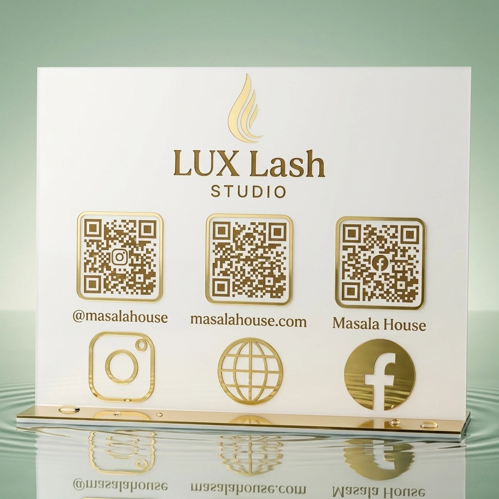 Acrylic Customizable QR Code Stand | Premium Social Media Scanner Display | Gold Mirror Finish QR Menu Stand for Business